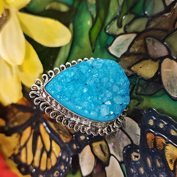 Calcite Blue Dyed (Druzy) Silver Gemstone Ring - Size 9 1/2 - Picture 4 of 8